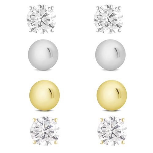 Gold/Silver Plated CZ 4pc. Stud Earrings Set