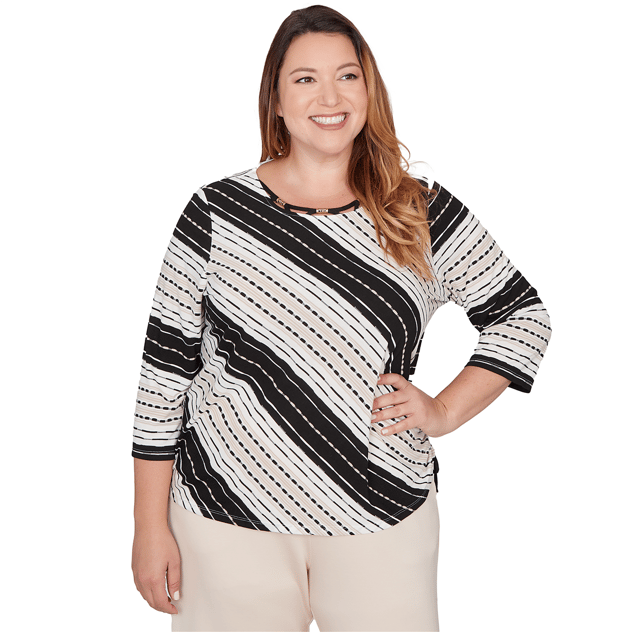 Plus Size Alfred Dunner Seville 3/4 Sleeve Diagonal Stripe Blouse