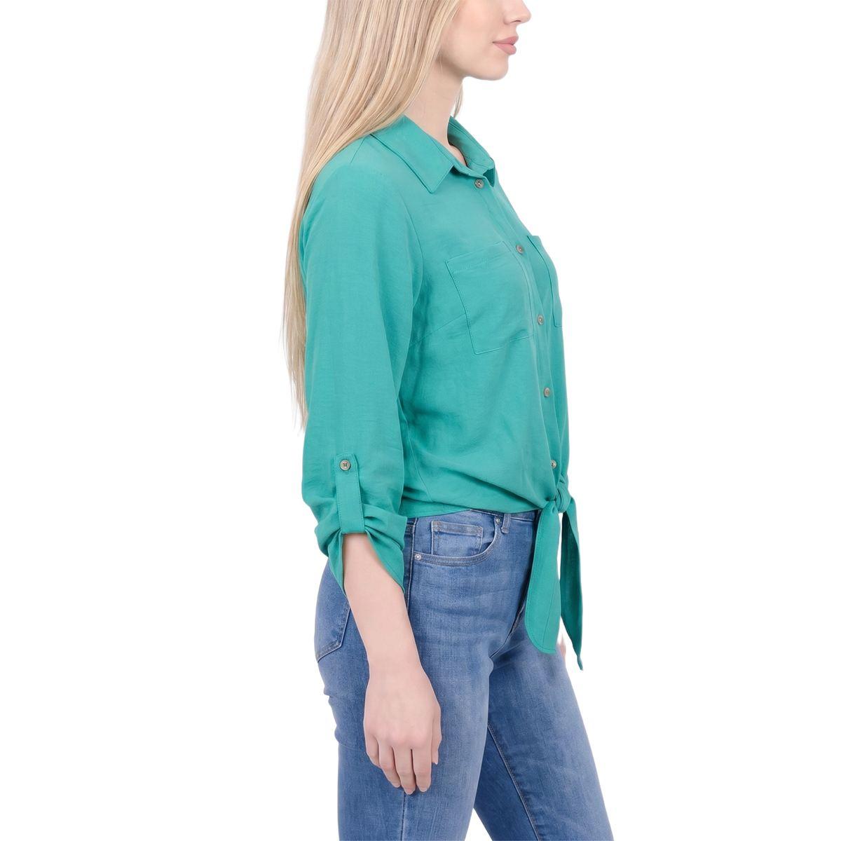 Womens NY Collection 3/4 Sleeve Roll Tab Casual Button Down