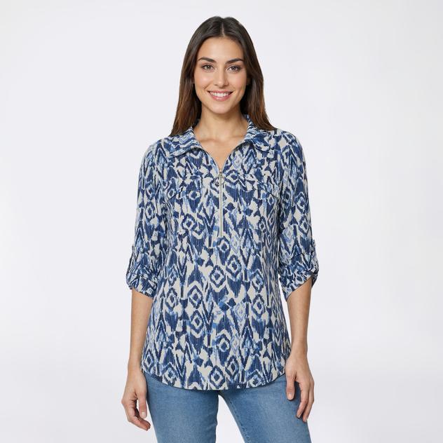 Womens Notations 3/4 Sleeve 2-Pocket Zip Ikat Jacquard Blouse