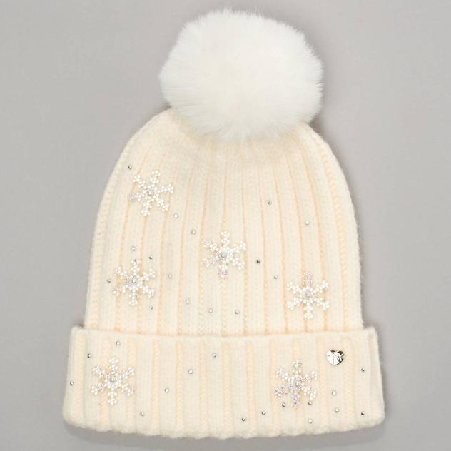 Womens Betsey Johnson Pearl Rhinestone Snowflake Beanie