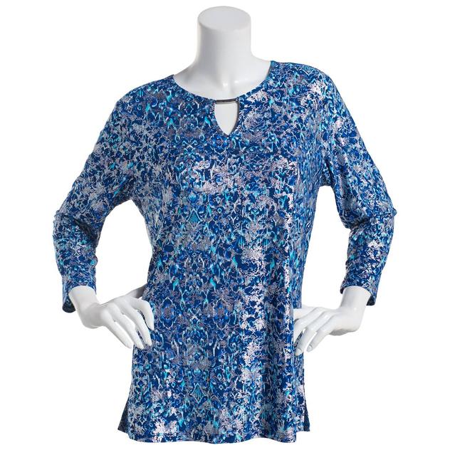 Plus Size Emily Daniels 3/4 Sleeve Ikat Bar Neck Foil Tunic