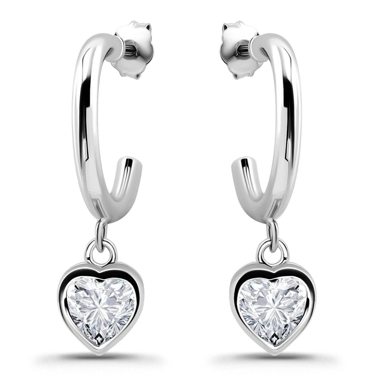 Designs by FMC Sterling Silver Bezel Heart CZ Drop Hoop Earrings