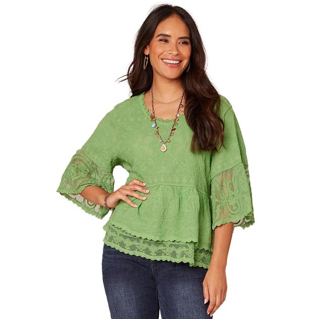 Plus Size Democracy Bell Sleeve Flounce Lace Hem Blouse