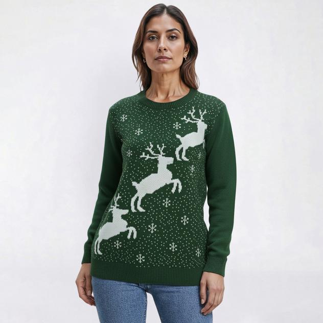 Plus Size Tint & Shadow Long Sleeve Flying Reindeer Sweater
